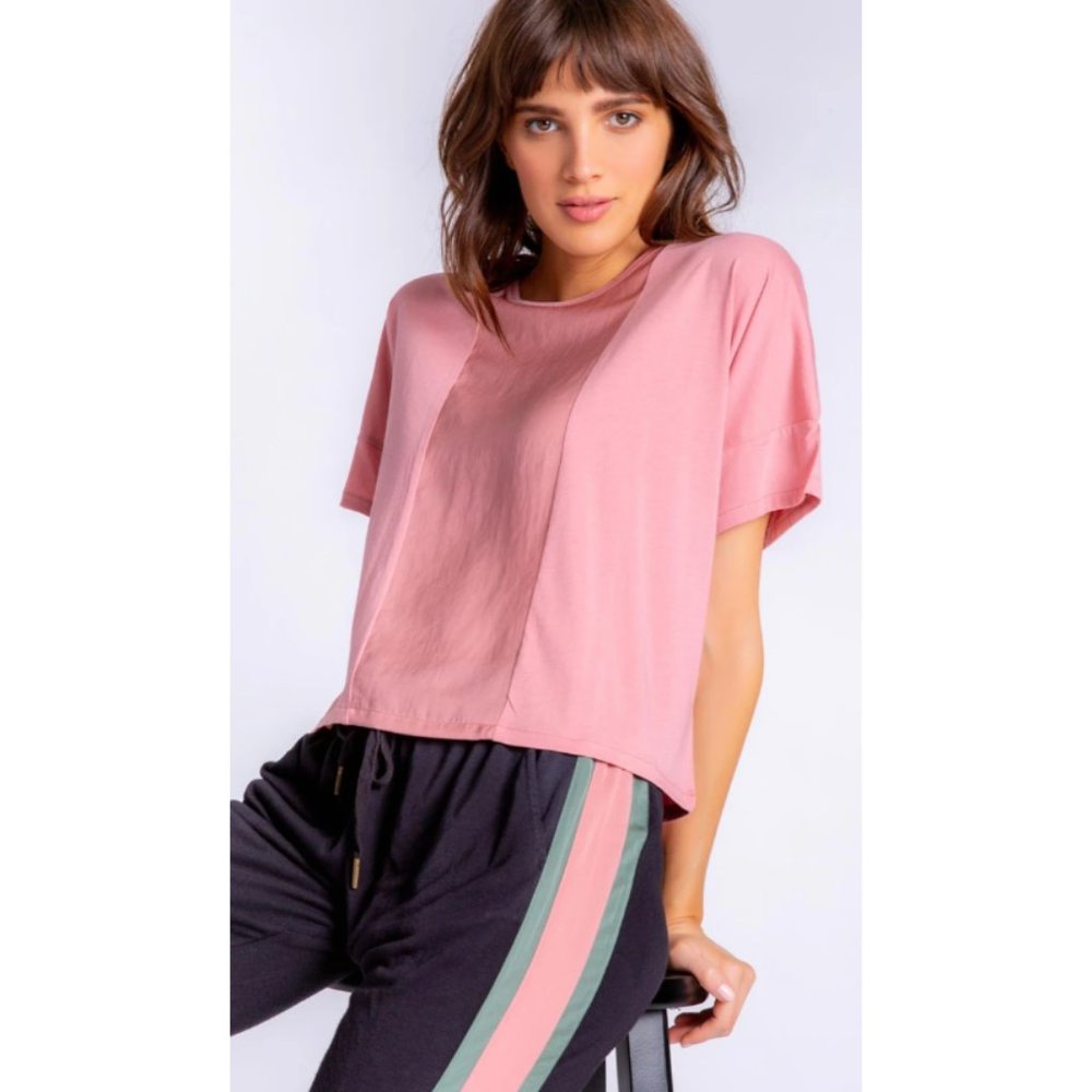 NWT Womens Size Large P.J. Salvage Rosewood Pink Sister Satin Short Sleeve Tee